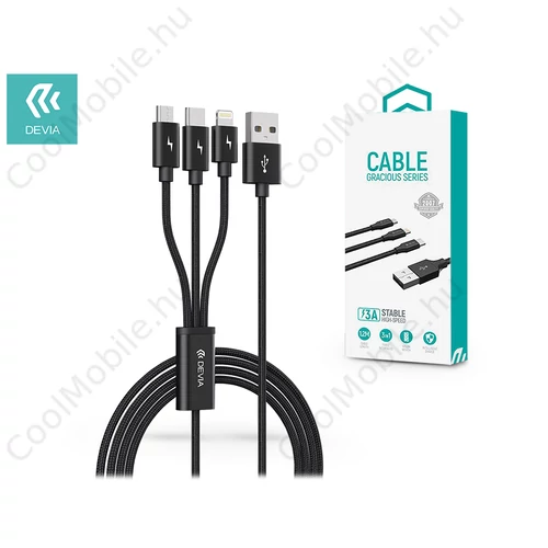 Devia Gracious Series 3in1 15W Lightning/microUSB/Type-C töltőkábel - 1,2 m - fekete
