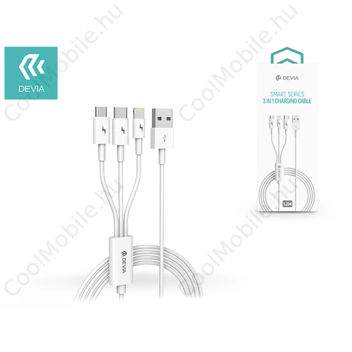 Devia USB töltő- és adatkábel 1,2 m-es vezetékkel - Devia Smart Series 3in1 for Lightning/Android/Type-C - 2A - white