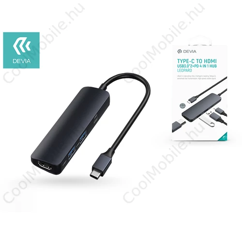 Devia USB Type-C - 2xUSB 3.0 + PD + HDMI elosztó/adapter - Devia Leopard 4 in 1 Hub - fekete