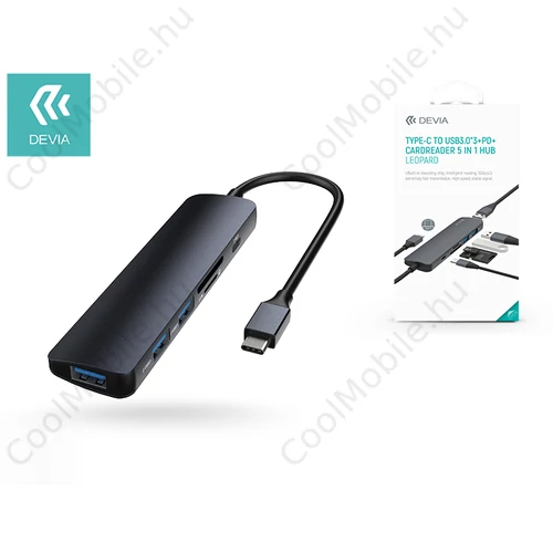 Devia USB Type-C - 3xUSB 3.0 + PD + kártyaolvasó elosztó/adapter - Devia Leopard5 in 1 Hub - fekete