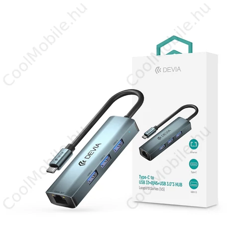 Devia Leopard Series 5 V3 USB Type-C USB 3.1/RJ45/3xUSB3.0 elosztó/adapter - szürke
