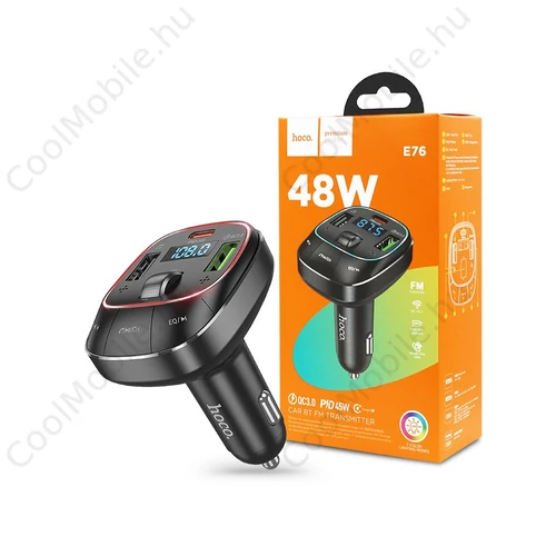 HOCO Bluetooth FM-transmitter/szivargyújtó töltő - 2xUSB + MP3 + PD45W +  QC 3.0- HOCO E76 - fekete