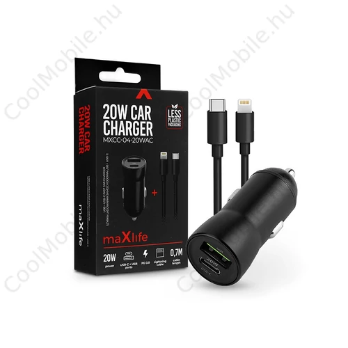Maxlife MXCC-04 20W PD+QC autós gyorstöltő adapter USB/Type-C Type-C/lightning kábel - fekete