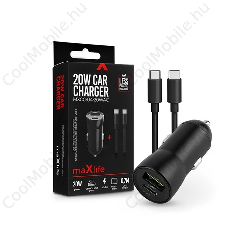 Maxlife MXCC-04 20W PD+QC autós gyorstöltő adapter USB/Type-C Type-C/Type-C kábel - fekete