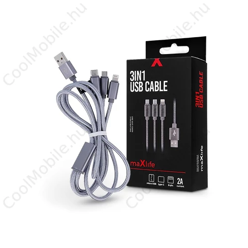 Maxlife 3 in 1 10W Lightning/microUSB/Type-C USB Cable töltő- és adatkábel 1m - ezüst