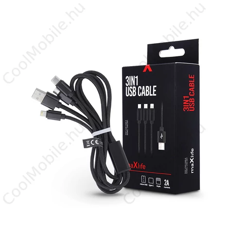 Maxlife 3 in 1 10W Lightning/microUSB/Type-C USB Cable töltő- és adatkábel 1m - fekete