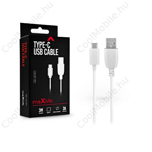 Maxlife 10W USB/Type-C adat- és töltőkábel 3m - fehér