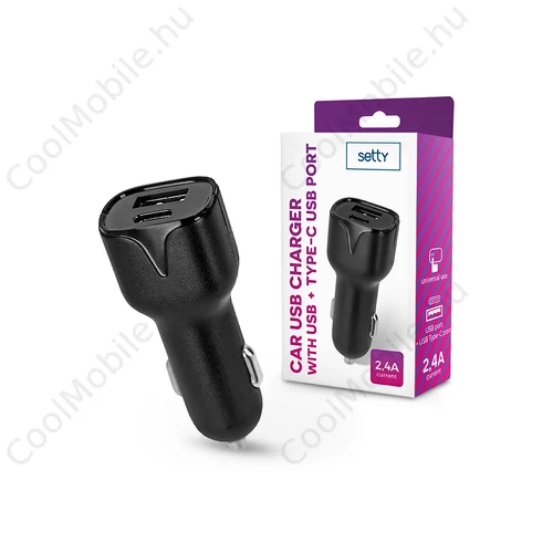 Setty autós töltő adapter USB + Type-C -12W - fekete