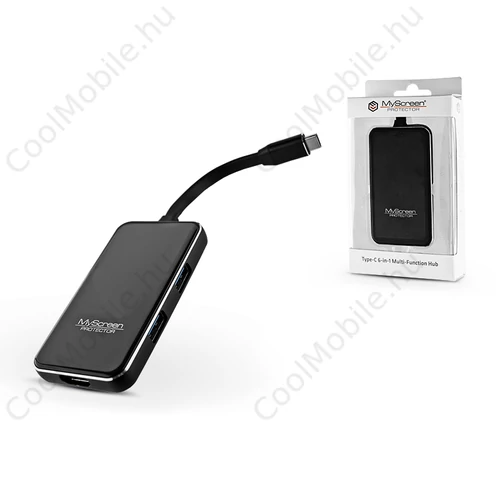 USB Type-C - 2xUSB 3.0 + Type-C + PD + kártyaolvasó elosztó/adapter - MyScreen Protector 6 in 1 Mult-Funktion Hub - fekete