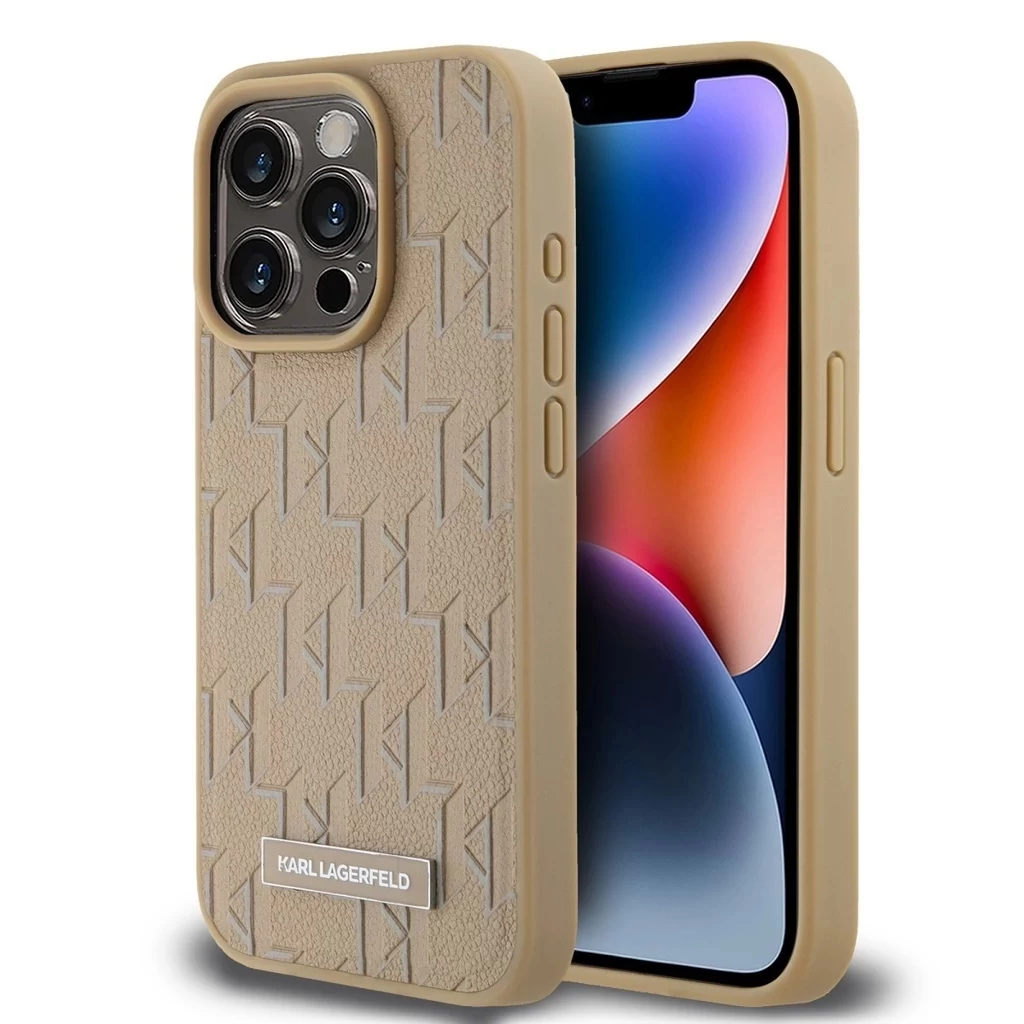 Karl Lagerfeld PU bőr Monogram Metal Logo MagSafe tok iPhone 14 Pro Max készülékhez bézs
