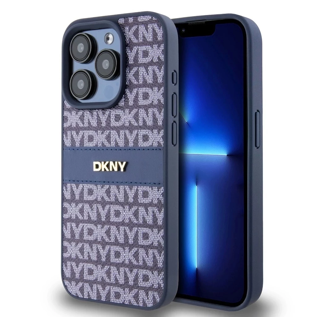 DKNY PU bőr Repeat Pattern Tonal Stripe tok iPhone 15 Pro Max készülékhez kék