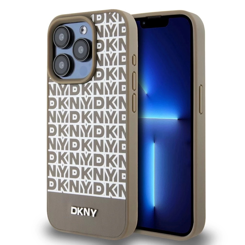 DKNY PU Leather Repeat Pattern Bottom Stripe MagSafe tok iPhone 14 Pro Max készülékhez barna