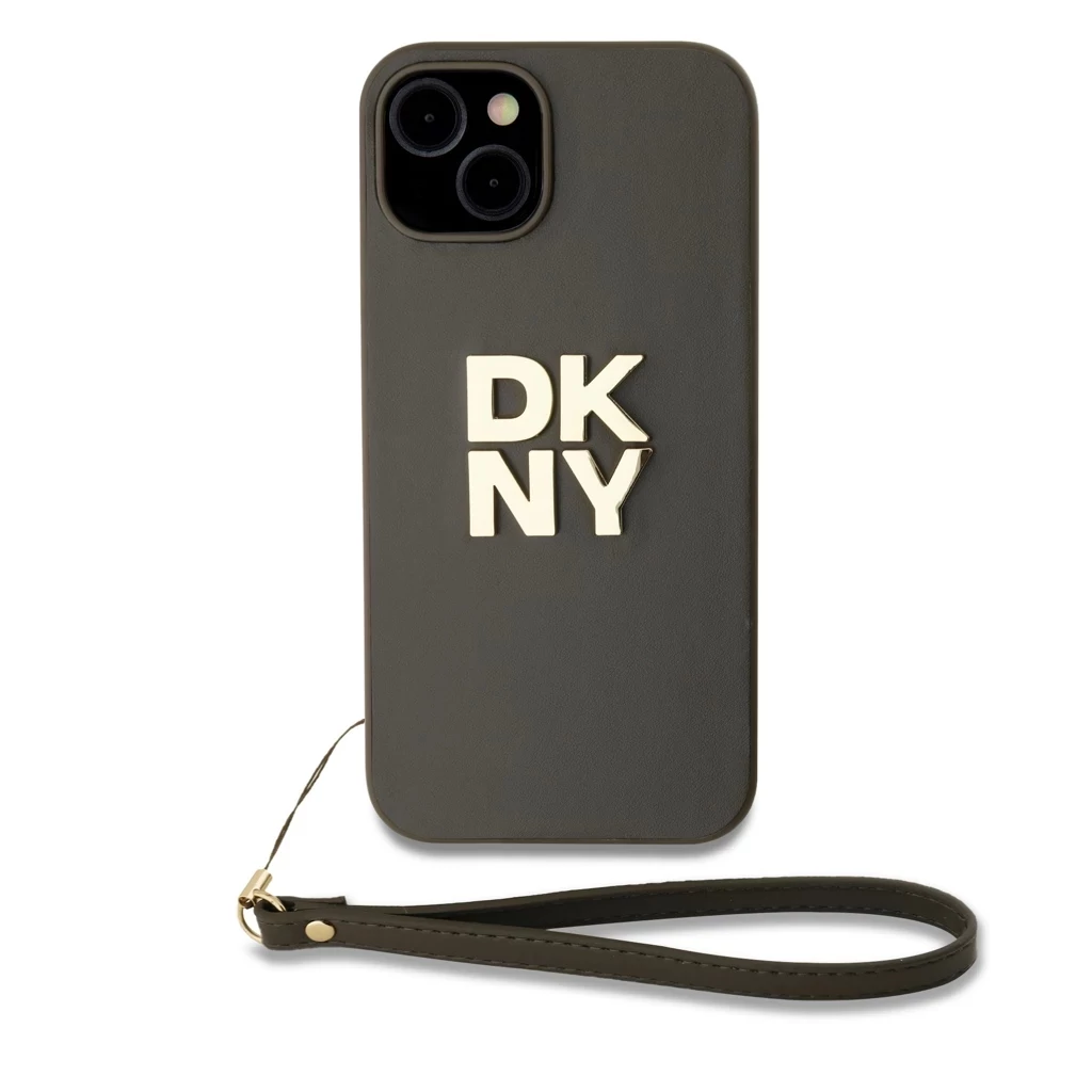DKNY PU bőr Stack Logo csuklópántos tok iPhone 14 készülékhez barna