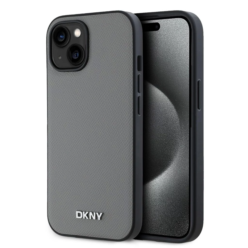 DKNY PU Leather Silver Metal Logo Magsafe tok iPhone 14 készülékhez szürke