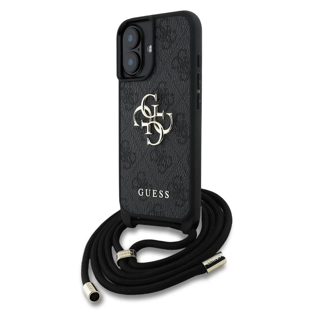 Guess PU 4G fém logó vállpántos tok iPhone 16 készülékhez fekete