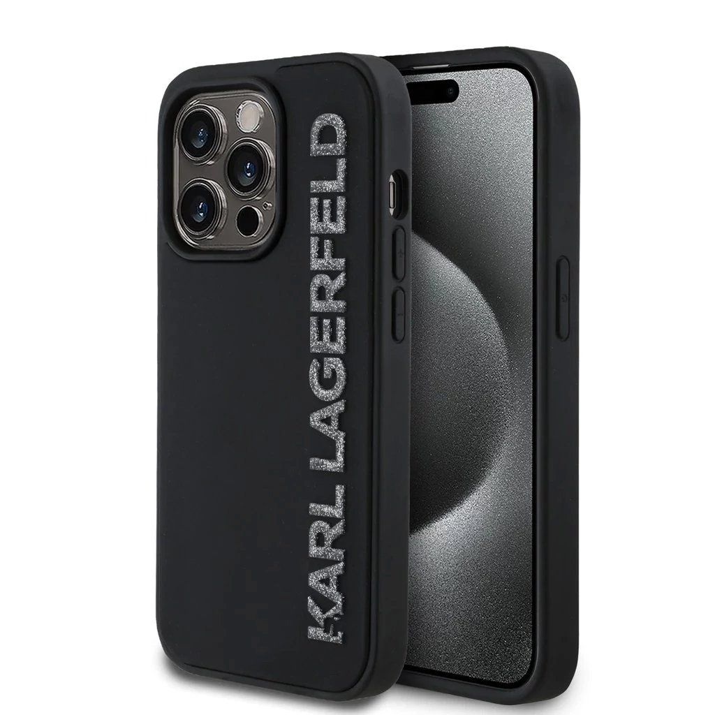 Karl Lagerfeld 3D Rubber Glitter Logo tok iPhone 14 Pro készülékhez fekete