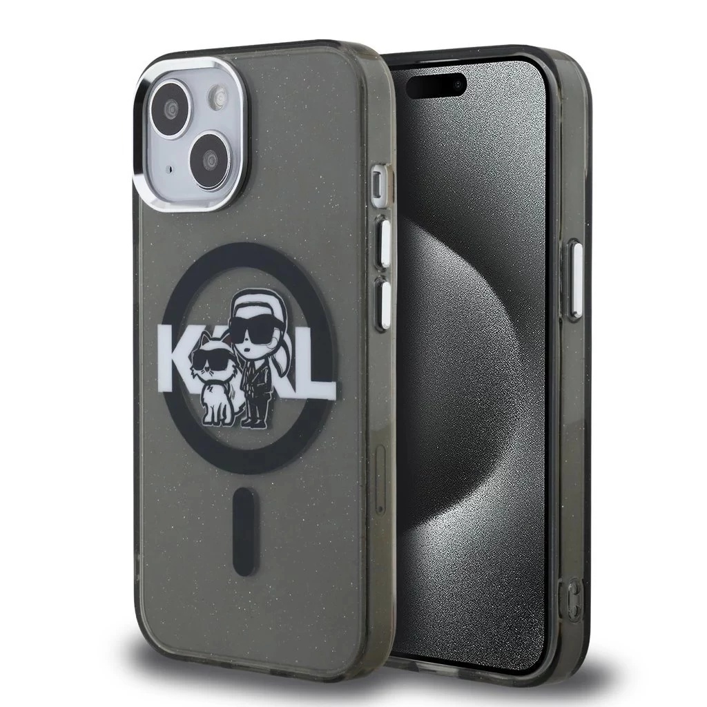 Karl Lagerfeld IML Glitter Karl and Choupette Sketch MagSafe tok iPhone 15 készülékhez fekete