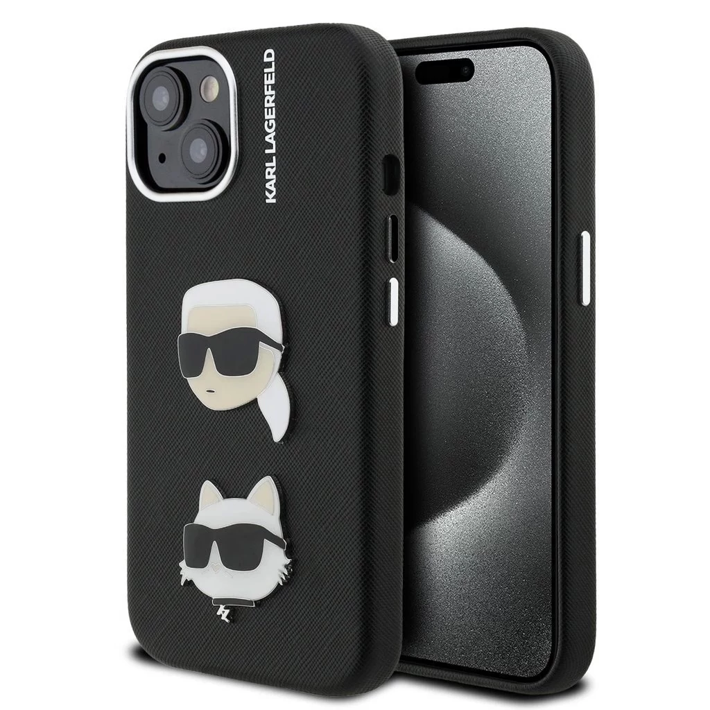 Karl Lagerfeld Grained PU K&CH Heads tok iPhone 15 készülékhez fekete