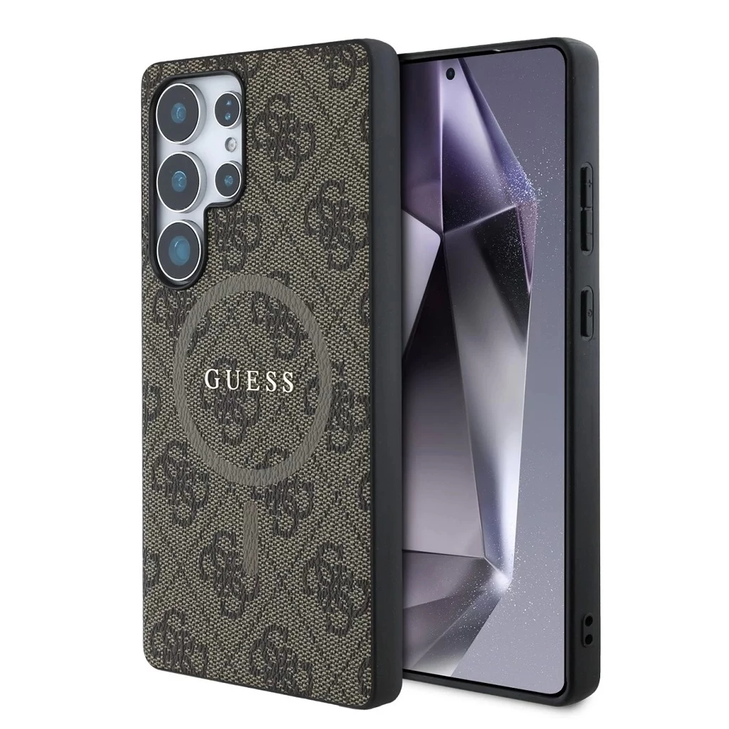 Guess PU Leather 4G Colored Ring MagSafe tok Samsung Galaxy S25 Ultra készülékhez barna
