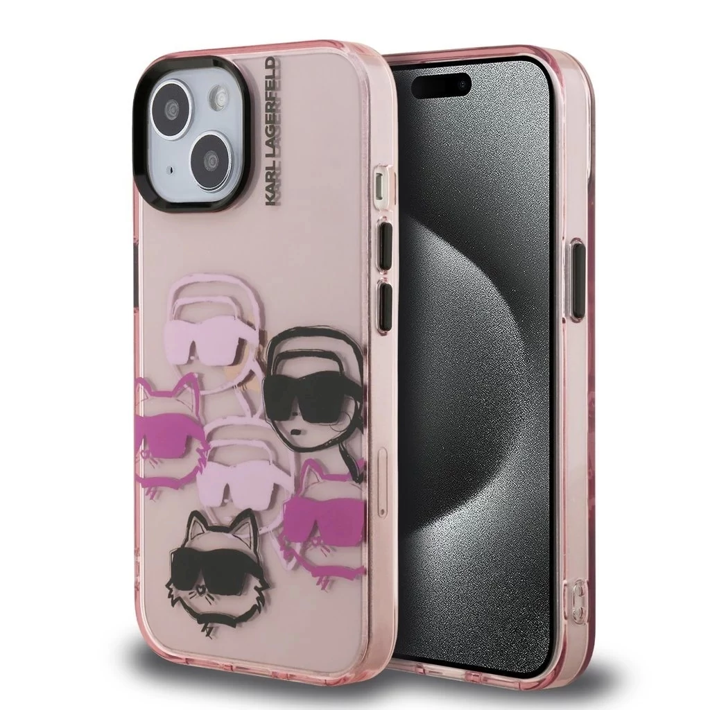 Karl Lagerfeld IML Multi K&CH Heads tok iPhone 15 készülékhez rózsaszín