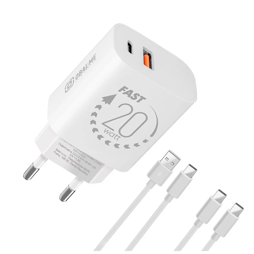 OBAL:ME fali töltő USB-A + USB-C 20W + 2x kábel 1m fehér