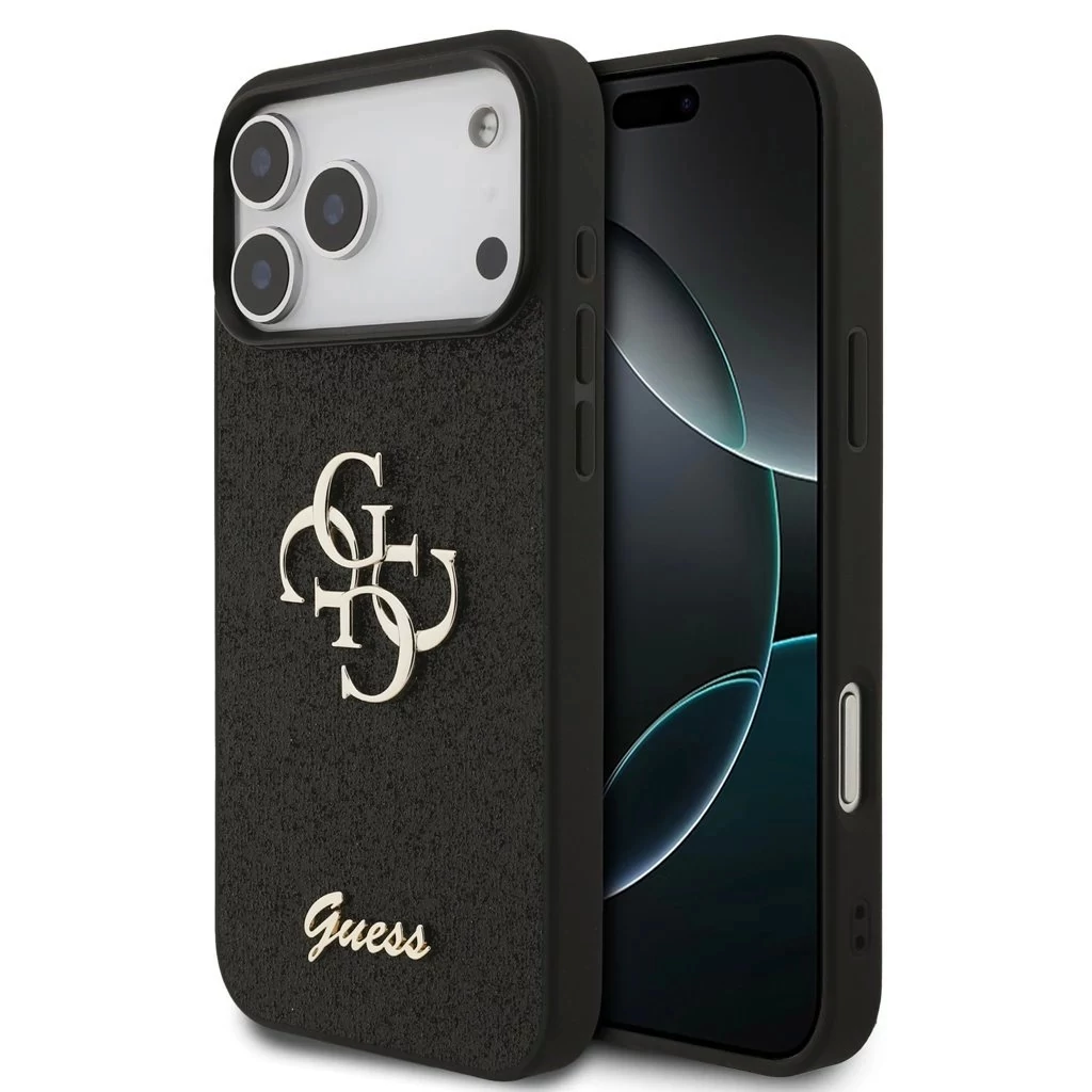 Guess PU Fixed Glitter 4G Metal Logo tok iPhone 17 Pro Max készülékhez fekete