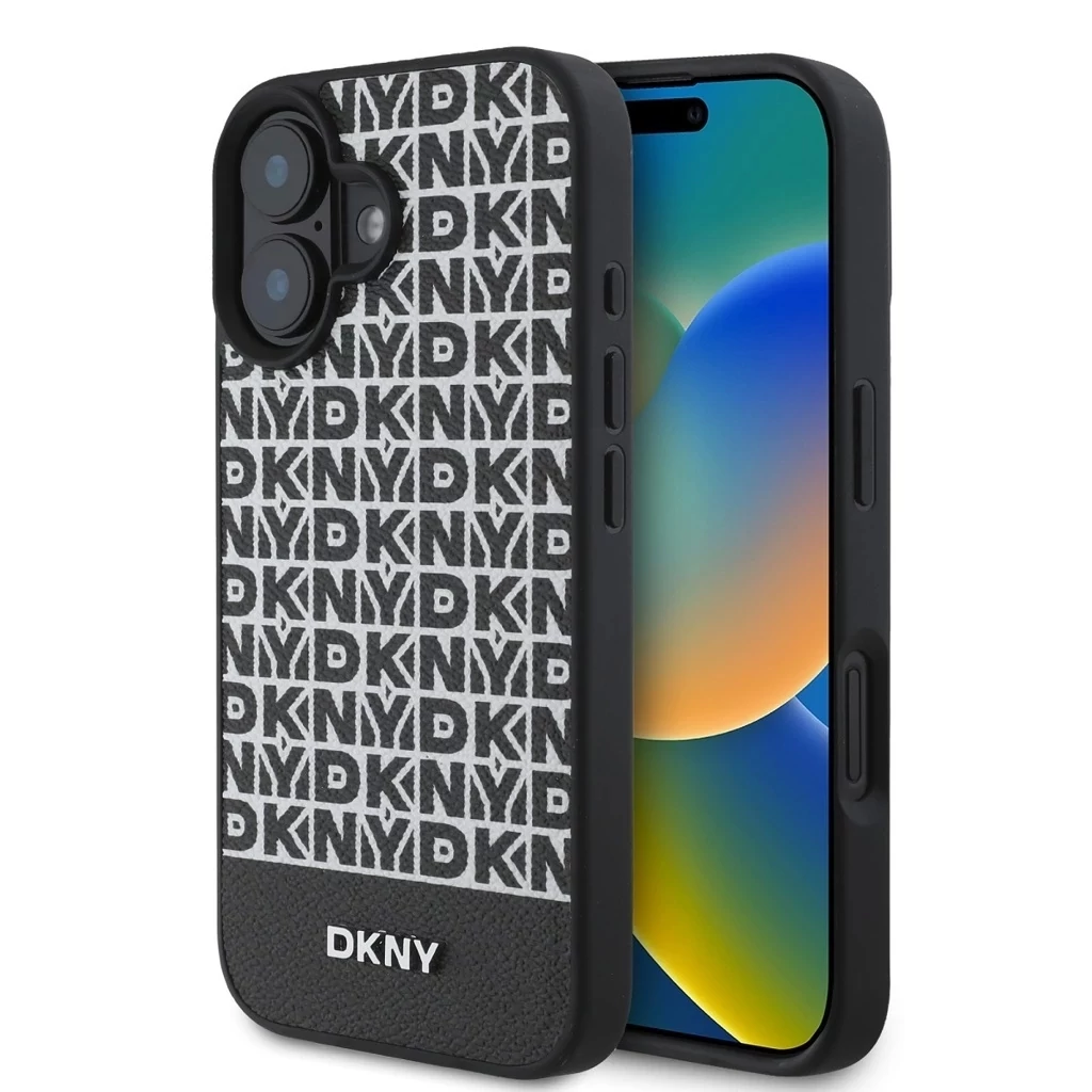 DKNY PU Leather Repeat Pattern Bottom Stripe MagSafe tok iPhone 16 készülékhez fekete