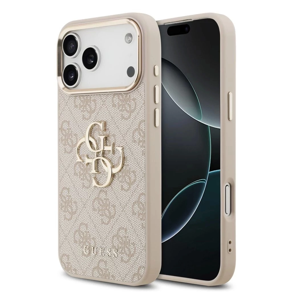 Guess PU bőr 4G fém logó arany keret MagSafe tok az iPhone 17 Pro Max készülékhez rózsaszín