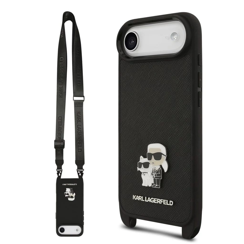Karl Lagerfeld Saffiano Crossbody Strap Metal Karl and Choupette tok iPhone 17 Air készülékhez fekete