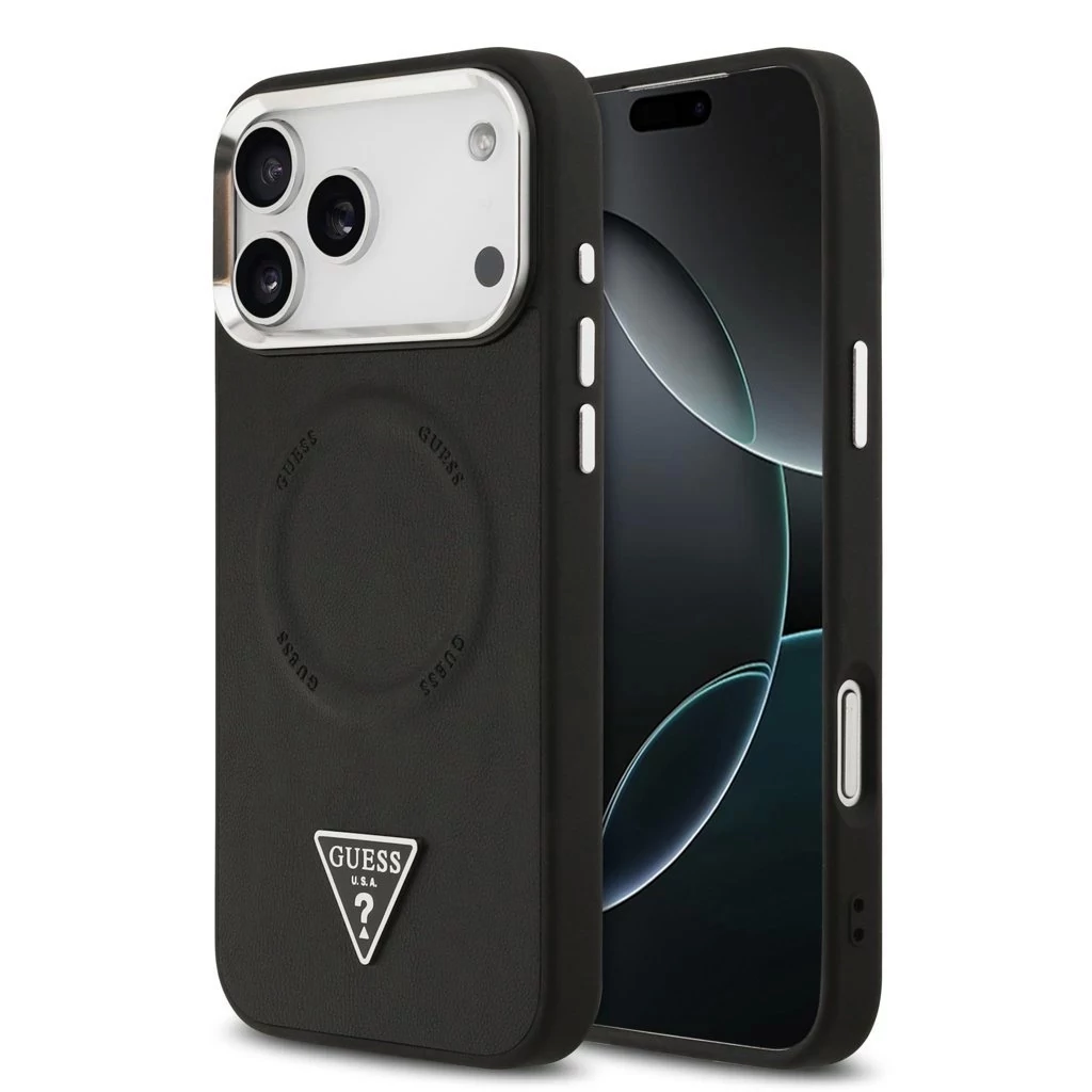 Guess PU bőr Triangle Logo MagSafe tok iPhone 17 Pro Max készülékhez fekete