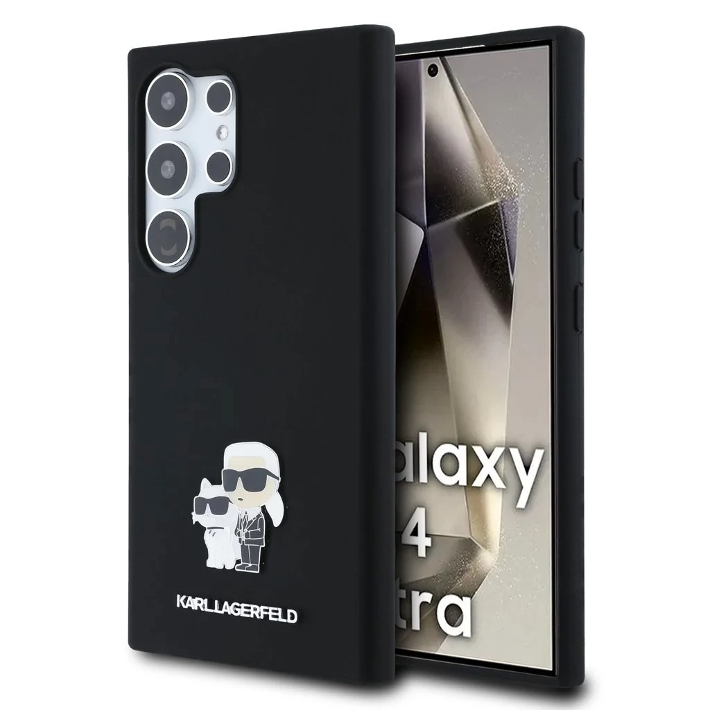 Karl Lagerfeld Liquid Silicone Metal Karl and Choupette tok Samsung Galaxy S24 Ultra készülékhez fekete