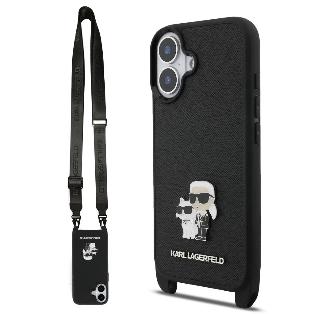 Karl Lagerfeld Saffiano Crossbody Strap Metal Karl and Choupette tok iPhone 17 készülékhez fekete