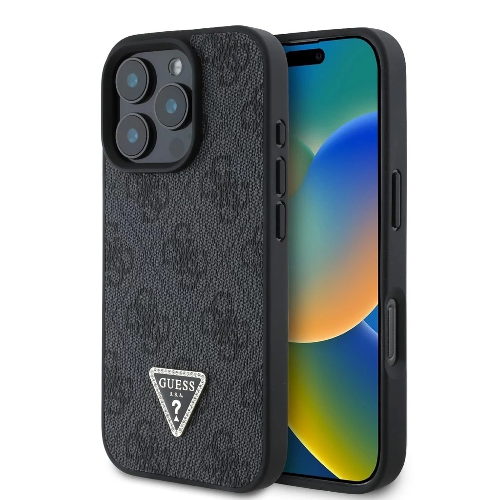 Guess PU 4G Strass Triangle Metal Logo tok iPhone 16 Pro Max készülékhez fekete