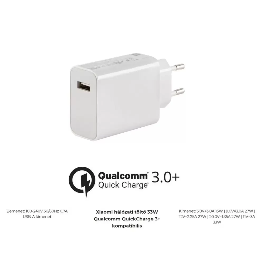 Xiaomi csomagolás nélküli hálózati töltő EU 3A 33W QC3.0+ (MDY-11-EZ)