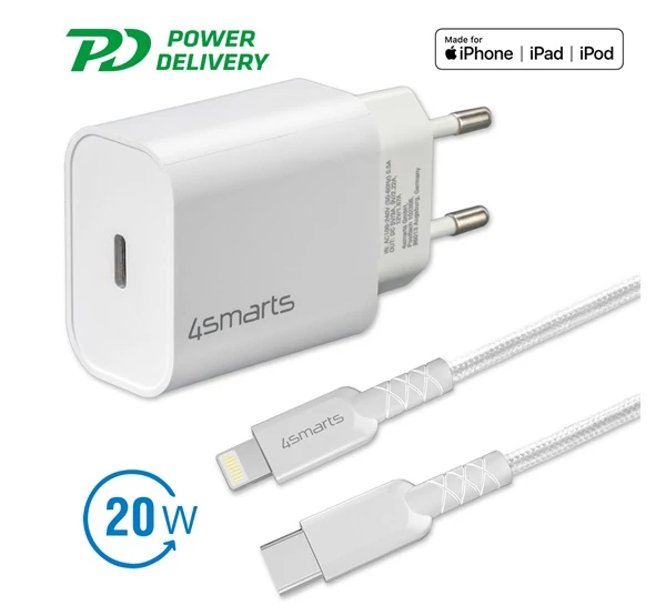 4smarts hálózati gyorstöltő adapter Type-C QC 3.0 + 1.5m Lightning kábel, 20W, fehér