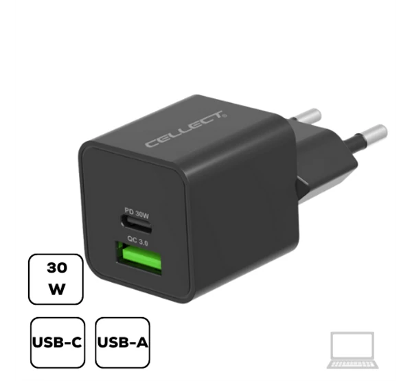 Hálózati töltő adapter Type-C + USB, PD 30W / QC3.0 18W, fekete