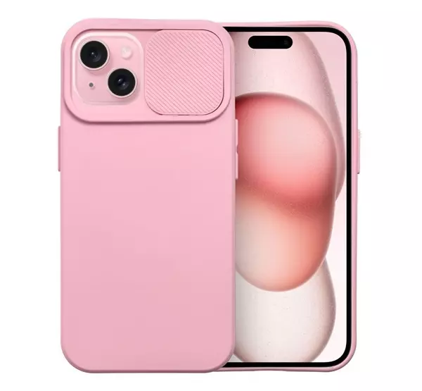 Slide Apple iPhone 15 kameravédős szilikon tok, rózsaszín