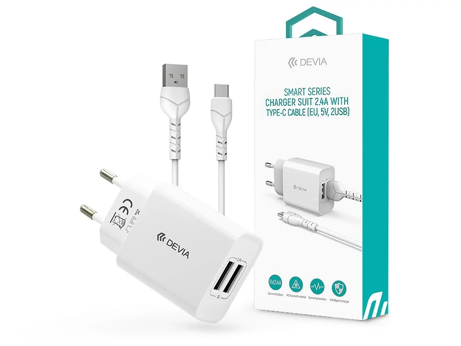 Devia Smart Series 12W 2xUSB hálózati töltő adapter + USB/Type-C kábel 1m - fehér