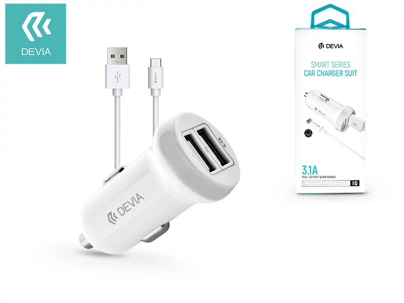 Devia Smart Series 15W 2xUSB autós töltő adapter + USB - Type-C kábel 1m - fehér