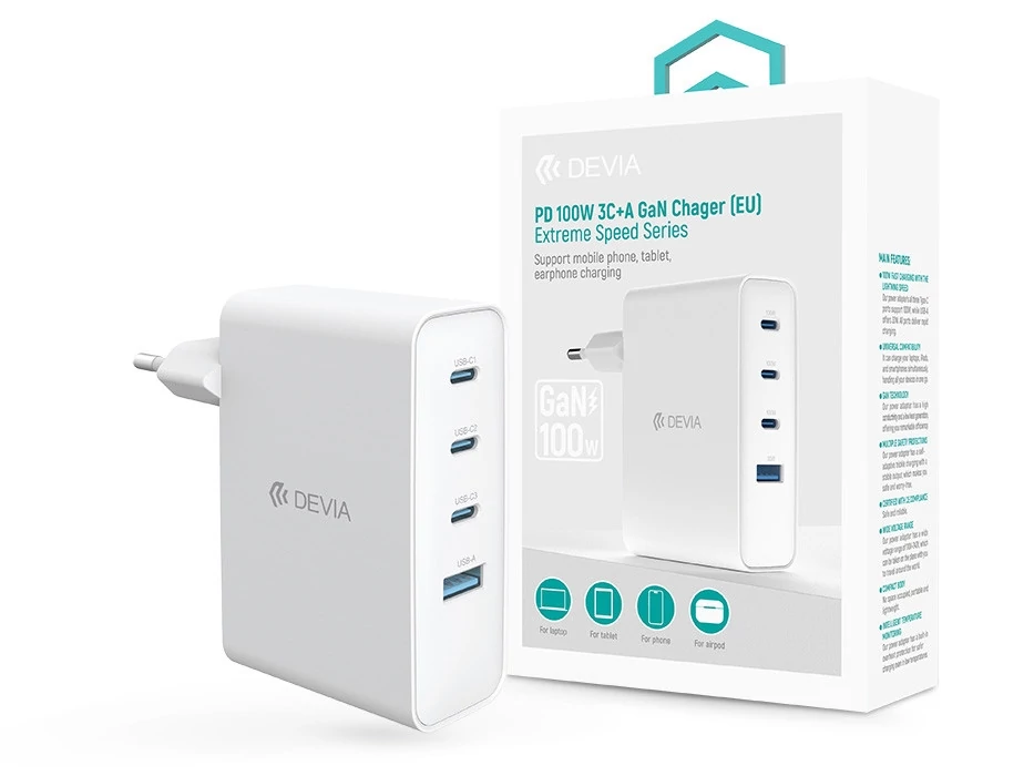 Devia Extreme Speed Series 100W GaN PD hálózati gyorstöltő adapter USB+3xType-C - fehér