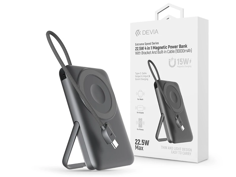 Devia Extreme Speed Series Magnetic 4in1 22.5W powerbank/állvány - Type-C - 10.000 mAh - szürke