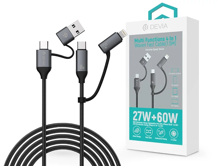 Devia Extreme Speed Series Multi Functions 4in1 USB-A/Type-C/Lightning adat- és töltőkábel - fekete