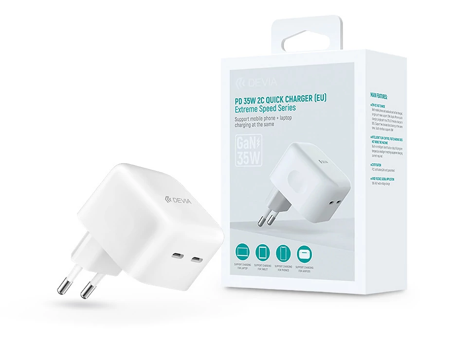 Devia Extreme Speed Series 35W GaN PD+QC hálózati gyorstöltő adapter 2xType-C - fehér