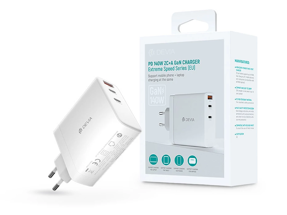 Devia Extreme Speed Series 140W GaN PD hálózati gyorstöltő adapter USB+2xType-C - fehér