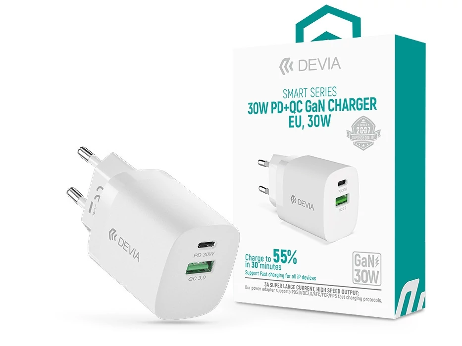 Devia Smart Series 30W GaN PD+QC hálózati gyorstöltő adapter USB+Type-C - fehér