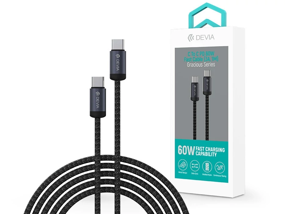 Devia Gracious Series 60W PD Type-C/Type-C adat- és töltőkábel 1m - fekete