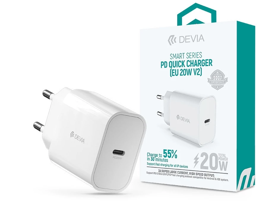 Devia Smart Series V2 20W PD hálózati gyorstöltő adapter Type-C - fehér