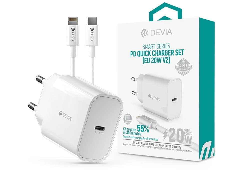 Devia Smart Series 20W PD hálózati gyorstöltő adapter V2 + Type-C/Lightning kábel - fehér