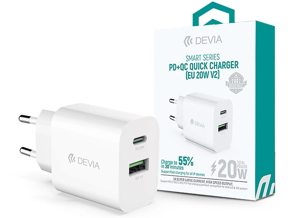 Devia Smart Series 20W PD+QC hálózati gyorstöltő adapter V2 Type-C/USB - fehér