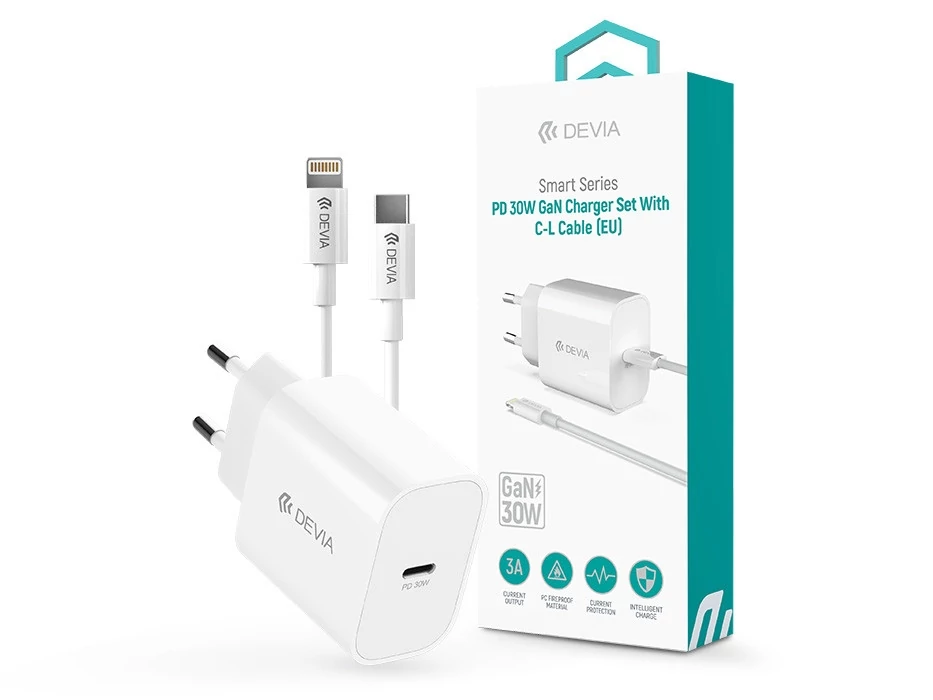 Devia Smart Series 30W GaN PD+QC hálózati gyorstöltő adapter + Type-C/Lightning kábel - fehér